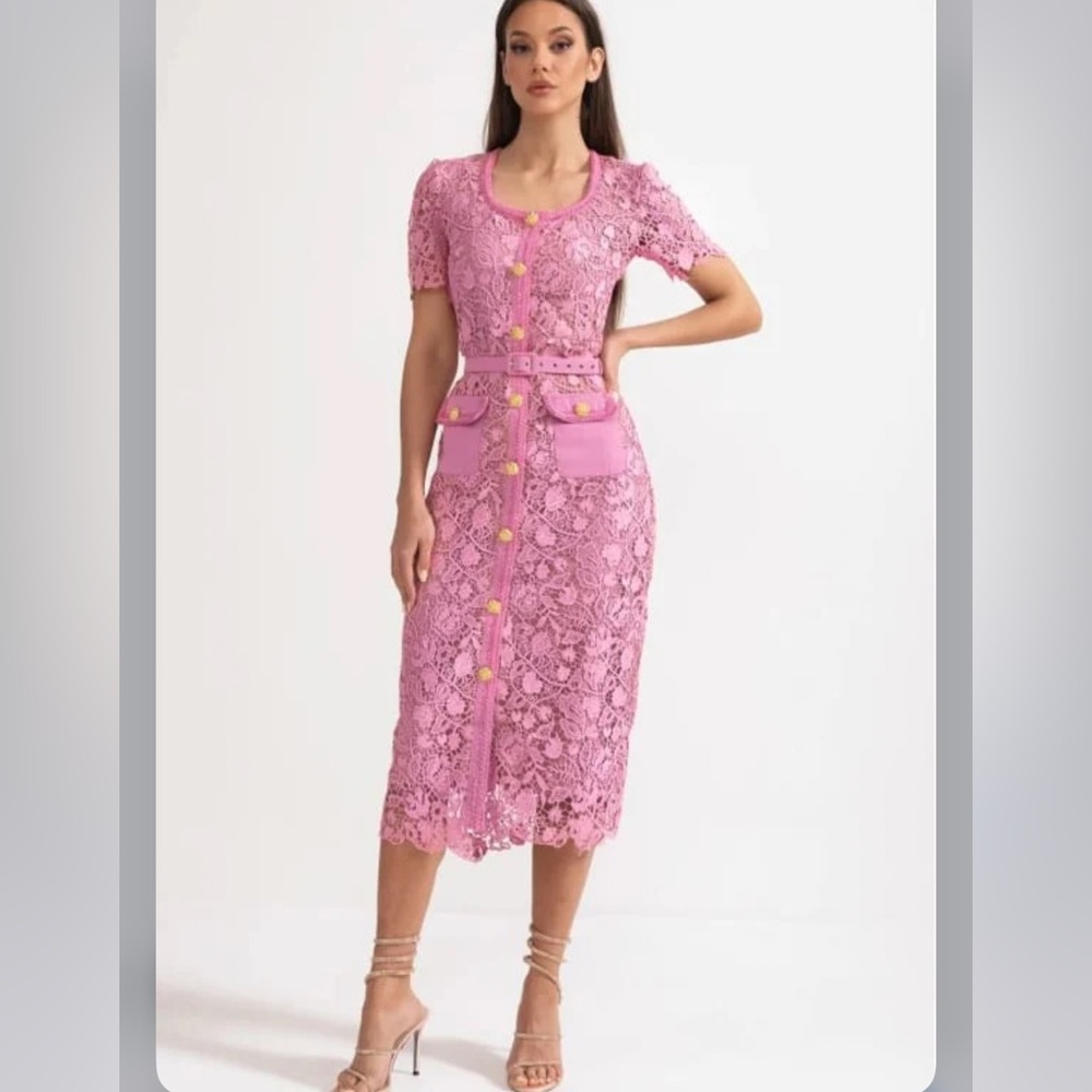 Self-Portrait Pink Lace Midi Dress belt is missing size M - Picture 12 of 12
